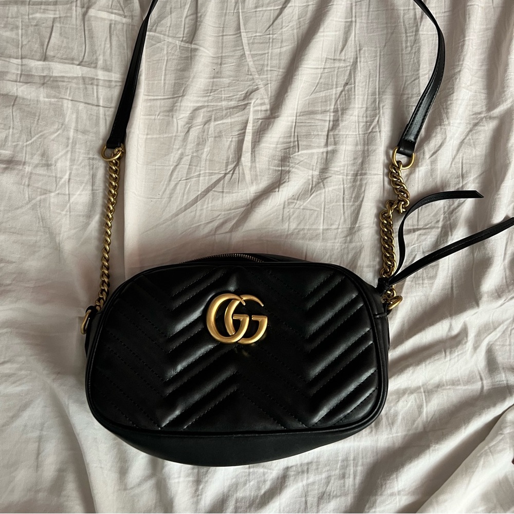 Calfskin Matelasse Small GG Marmont Chain Shoulder Bag Black